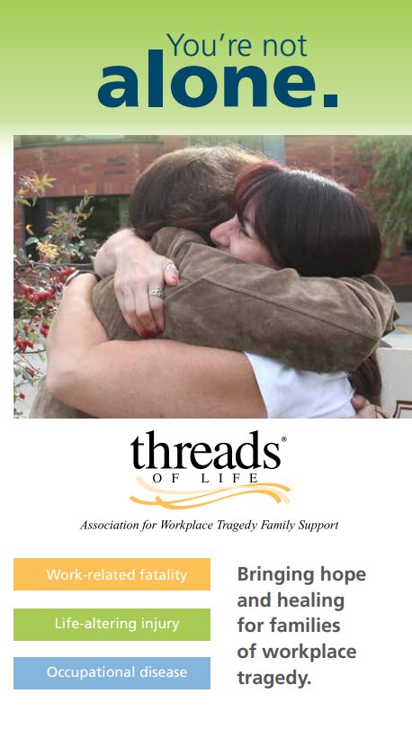 Cover of brochure: Two women hugging. Text reads: You're not alone. Work-related fatality, Life-altering injury, occupational disease. Bringing hope and healing for families of workplace tragedy.