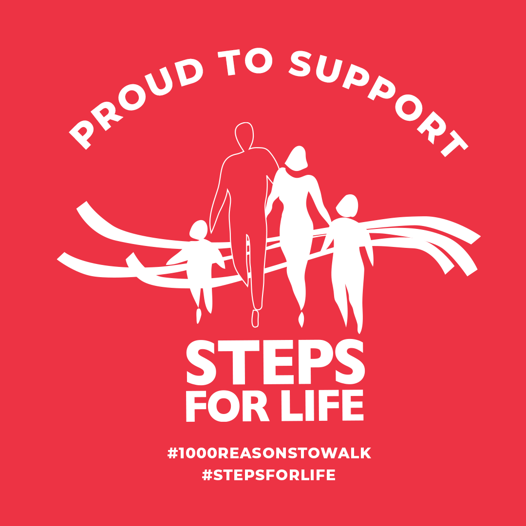 Red square with Steps for Life logo - text: Proud to Support (Steps for Life) #1000reasonstowalk #stepsforlife