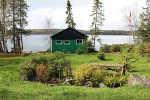 small green and black cottage on shore of lake with beautiful garden in front