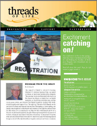 Cover of 2019 Summer newsletter. Primary image is of a man excitedly jumping in front of the camera at a Steps for Life registration booth