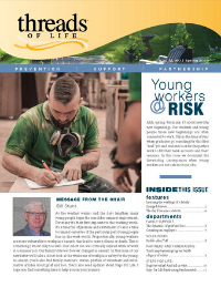 Cover of Spring edition of Threads newsletter. Main headline: Young workers @ Risk