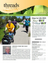 thumbnail of cover of newsletter. Central image shows woman walking with a walker in a yellow T-shirt