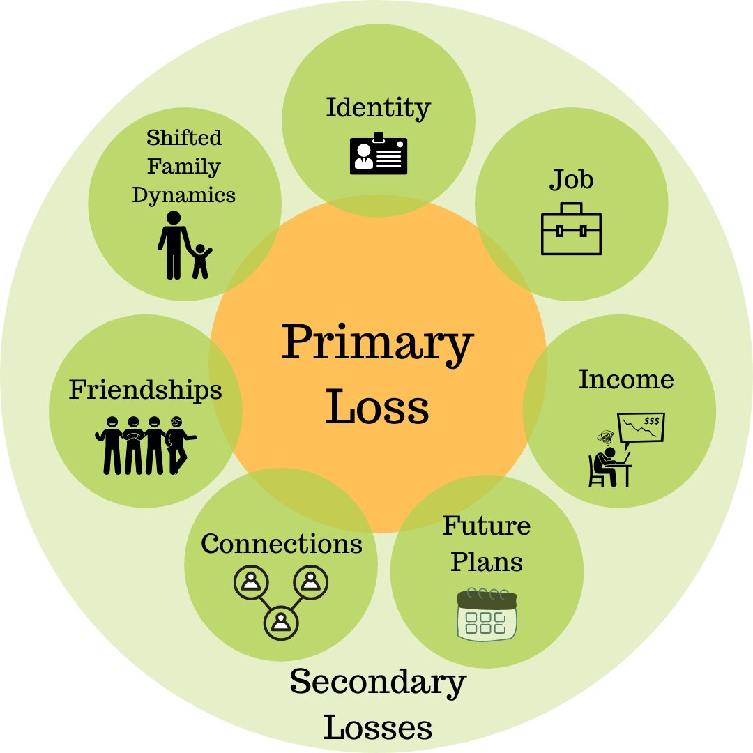 Graphic of smaller circles overlaying on a larger circle. The circle in the centre is "Primary Loss" and surrounded by secondary losses such as identity, job, income, future plans, etc.