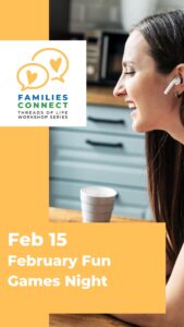 A woman is sitting in a kitchen laughing on the phone. Her cordless earpiece is visible and a cup rests on the table. The text reads "February 15 February Fun Games Night"