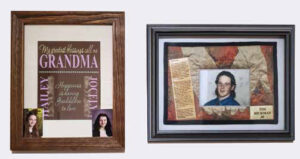 Two framed photos on a wall. One contains a quilt square with a young man's face encased in outstretched hands. The text reads Tim Hickman, 20, and there is an old newspaper clipping. The other