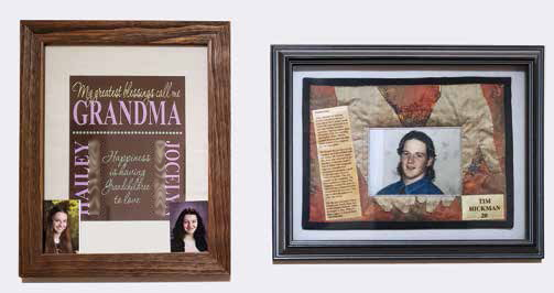 Two framed photos on a wall. One contains a quilt square with a young man's face encased in outstretched hands. The text reads Tim Hickman, 20, and there is an old newspaper clipping. The other holds two girls' school pictures  in the corner of a plaque that reads "My greatest blessings call me Grandma."