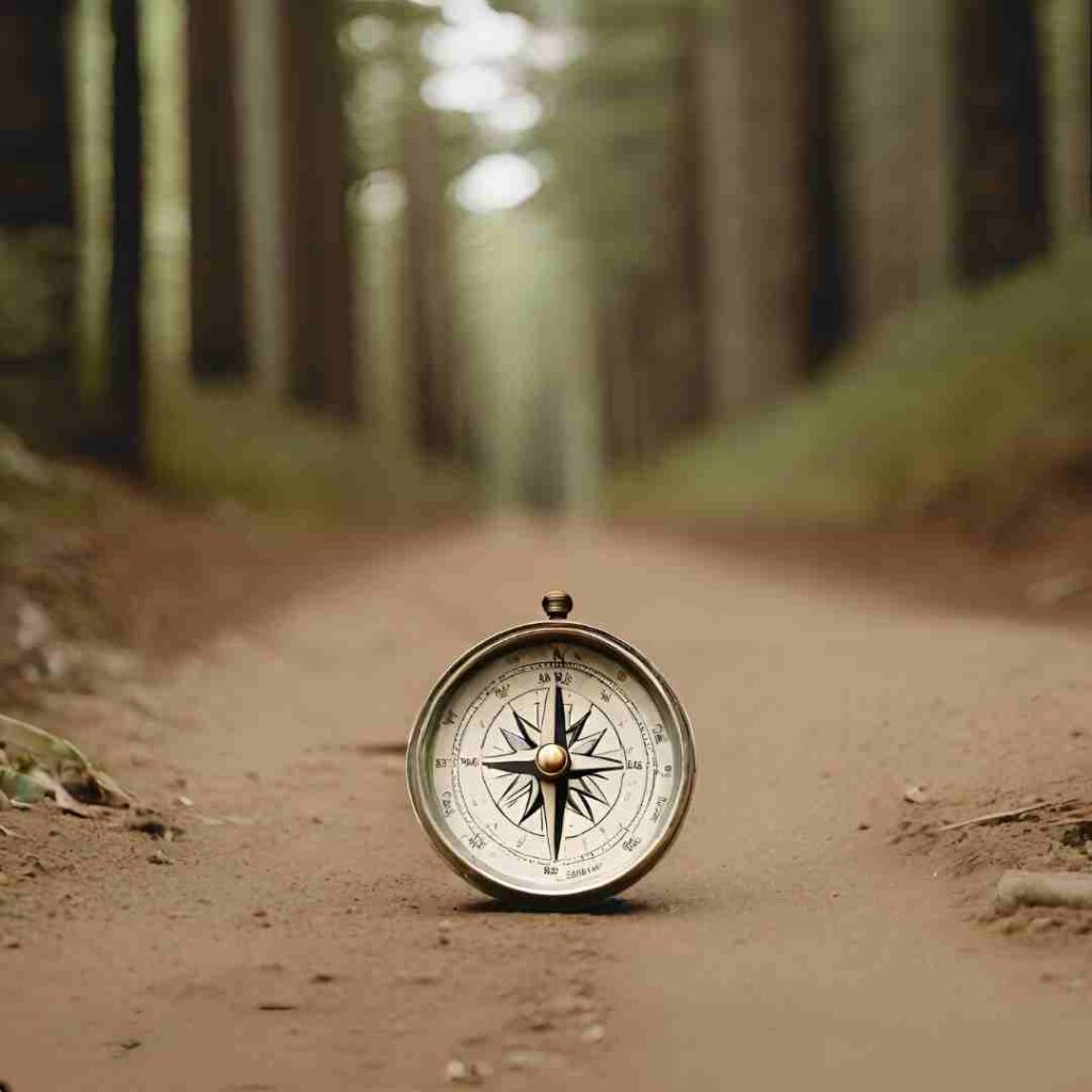 A compass points north on a forest path