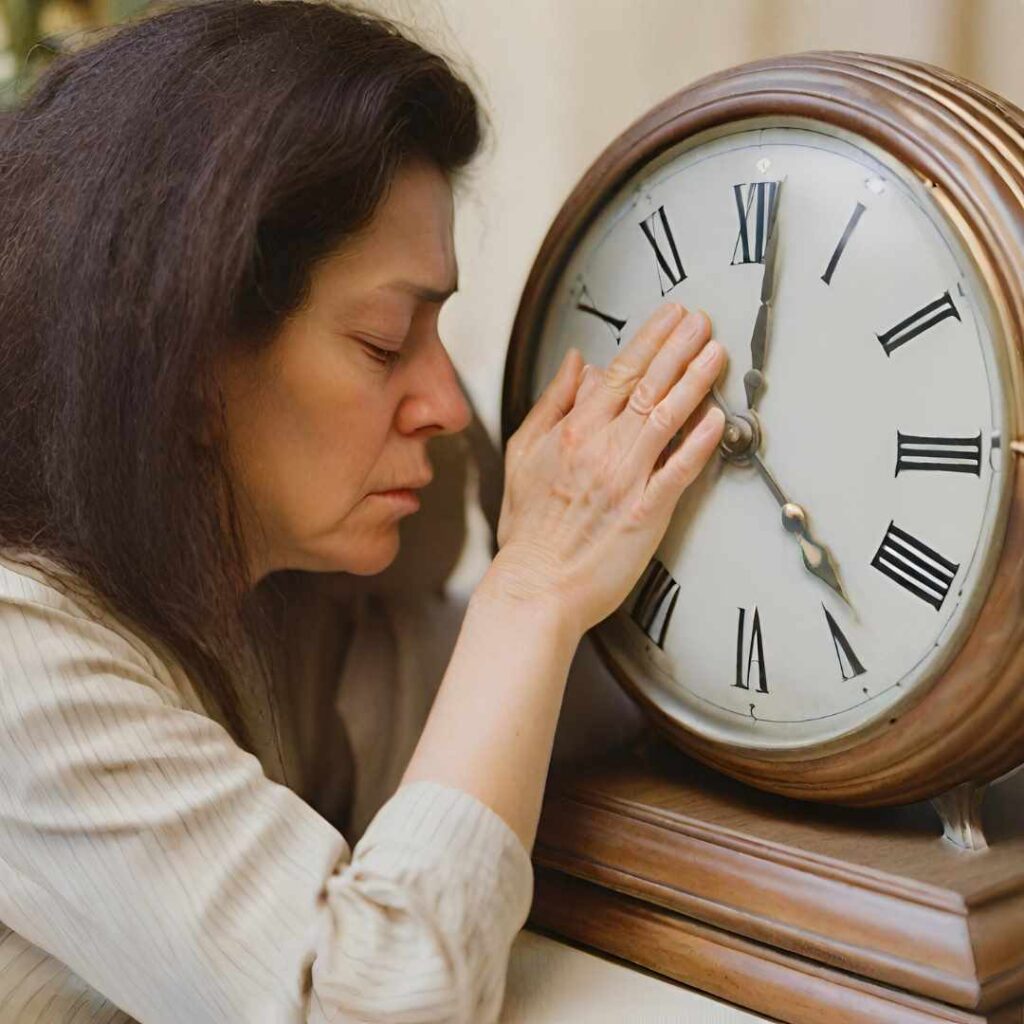 A woman with dark brown hair holds her hand again the face of a clock. The clock reads 2 minutes past 5. 