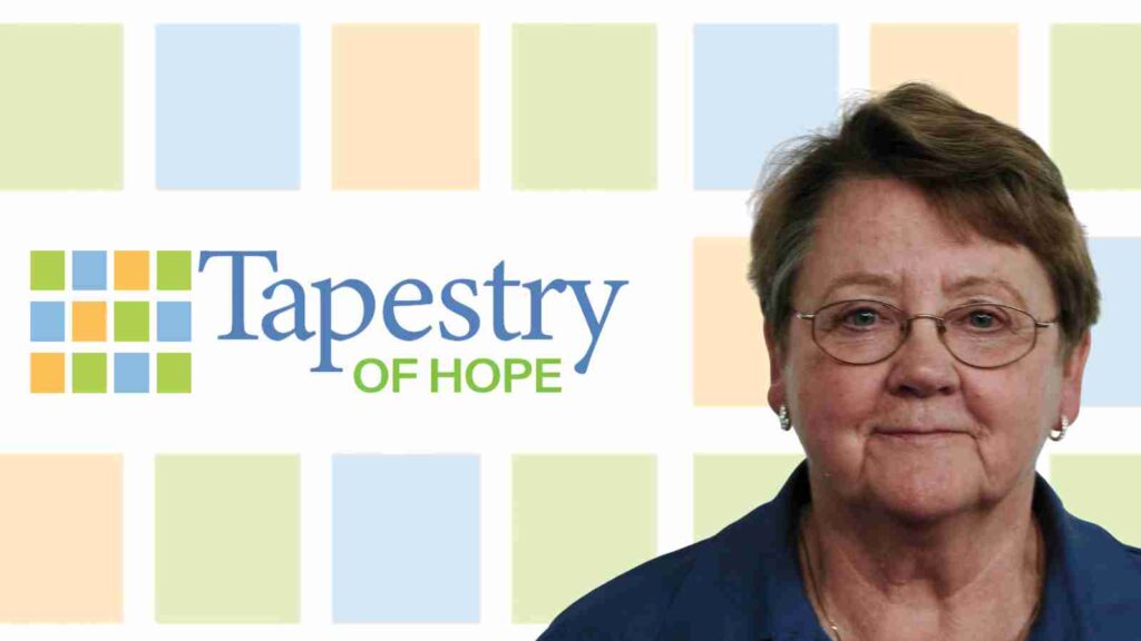 Image of a woman's face. In the background are faint coloured squares and a logo that reads Tapestry of Hope.