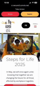 Animated gif showing homepage of website on mobile and how to register in one of the communities hosting Steps for Life walks in 2025.